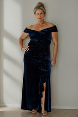 Plus Size Velvet Mother of the Bride A Line Dress with V Neck and Side Split