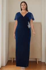 Plus Size Velvet Mother of the Bride Dress with V Neck Ruffles and Appliques
