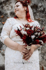 Plus Size Wedding Dress 3/4 Sleeve Tulle Mermaid Bridal Gown with Lace Appliques