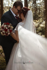 Plus Size Wedding Dress V Neck Sparkly Cap Sleeve A Line Bridal Gown