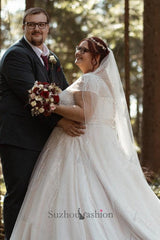 Plus Size Wedding Dress V Neck Sparkly Cap Sleeve A Line Bridal Gown