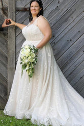 Plus Size Wedding Dresses V Neck A Line Tulle Lace Bridal Gowns