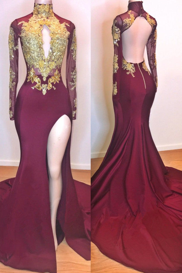Popular Gold Lace Appliques Sexy Slit Prom Dresses | Long Sleeve Burgundy Backless Evening Gowns BC0956