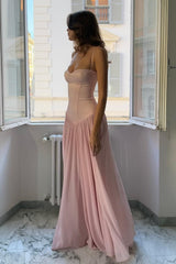 Pretty A Line Spaghetti Straps Pink Corset Prom Dress With Ruffles Formal Evening Gown
