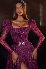 Pretty Purple Square Prom Dress Mermaid Long Sleeves Beadings With Split