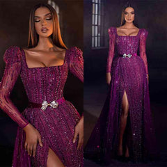 Pretty Purple Square Prom Dress Mermaid Long Sleeves Beadings With Split