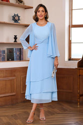 A Line 2 Piece Tea Length Mother of the Bride Dress with Scoop Neck Ruffles & Jacket