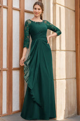 A Line Long Mother of the Bride Dress with Scoop Neck 3/4 Sleeves Sequins Ruffles & Appliques