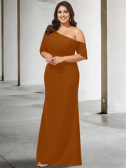 A Line Long One Shoulder 3/4 Sleeve Pure Color Plus Size Mother of the Bride Gown