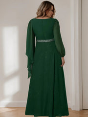 A Line Long Plus Size Mother of the Bride Gown with Scoop Neck and Long Sequined Sleeves