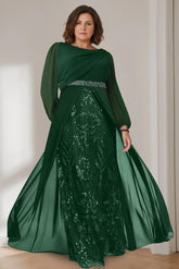 A Line Long Plus Size Mother of the Bride Gown with Scoop Neck and Long Sequined Sleeves