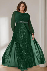 A Line Long Plus Size Mother of the Bride Gown with Scoop Neck and Long Sequined Sleeves