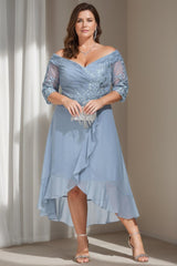 A Line Off the Shoulder Asymmetrical Plus Size Mother of the Bride Gown with 3/4 Sleeves and Sequins