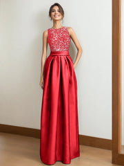 A Line Scoop Neck Sleeveless Pleated Mother of the Bride Dress with Lace Appliques