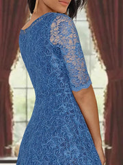 A Line Tea Length Mother of the Bride Dress with Scoop Neck Half Sleeves Appliques and Jacket