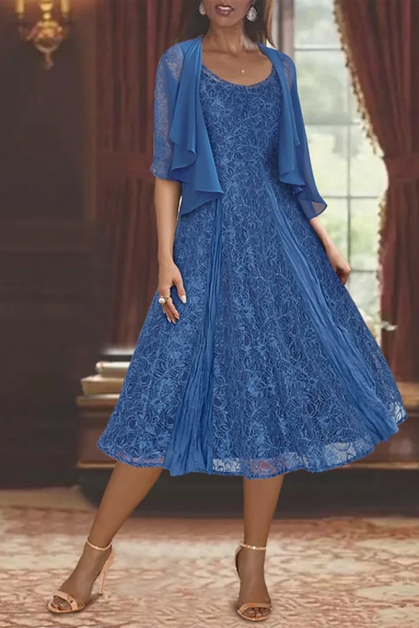 A Line Tea Length Mother of the Bride Dress with Scoop Neck Half Sleeves Appliques and Jacket