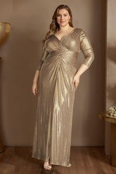 A Line V Neck Long Plus Size Mother of the Bride Dress with 3/4 Sleeves and Ruffles