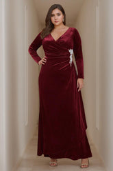 A Line V Neck Long Plus Size Velvet Mother of the Bride Dress with Long Sleeves and Ruffles