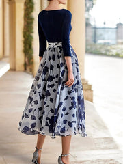 Princess A-Line V-Neck Floral Mother of the Bride Dress with 3/4 Sleeves and Ankle Length