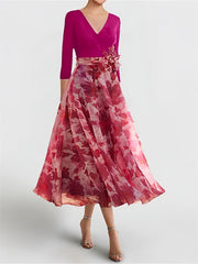 Princess A-Line V-Neck Floral Mother of the Bride Dress with 3/4 Sleeves and Ankle Length