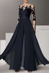 Jewel Neck A Line Long Mother of the Bride Pantsuit with Applique and 3/4 Sleeves