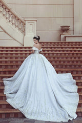 Princess Lace Appliques Wedding Dress with Beads| Off The Shoulder Ball Gown Bride Dress with Long Train