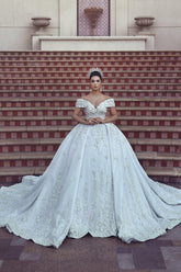 Princess Lace Appliques Wedding Dress with Beads| Off The Shoulder Ball Gown Bride Dress with Long Train