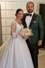 Princess Long V-Neck Long Lace Bridal Dress With Long Sleevess