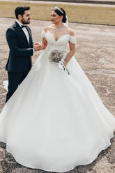 Princess Long White Wedding Dress Off The Shoulder A Line V Neck Organza Satin Bridal Gown