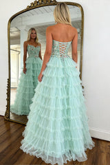 Princess Mint Green Tiered Tulle Prom Dress With Floral Embroidered Corset Formal Evening Gown