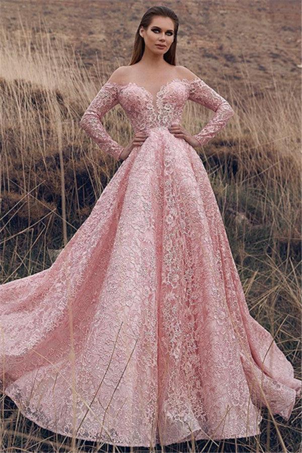 Princess Off-The-Shoulder A-Line Prom Gown | Pink Long-Sleeves Lace Applique Prom Dresses | Suzhoufashion Princess Off-The-Shoulder A-Line Prom Gown | Pink Long-Sleeves Lace Applique Prom Dresses | Suzhoufashion
