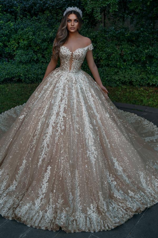 Princess Off The Shoulder Champagne Lace Sequins Ball Gown Wedding Dresses