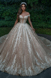 Princess Off The Shoulder Champagne Lace Sequins Ball Gown Wedding Dresses