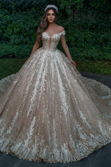 Princess Off The Shoulder Champagne Lace Sequins Ball Gown Wedding Dresses