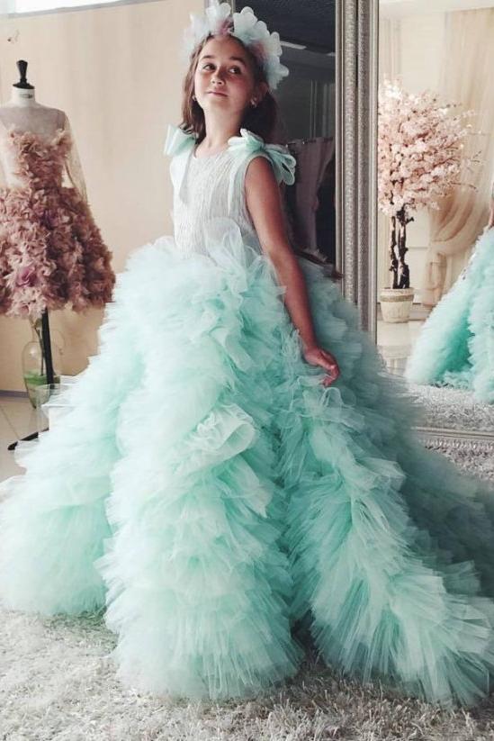 Princess Tiered Ruffles Tulle Girls Pageant Dresses | Bowknot Green Ball Gown Flower Girls Dresses