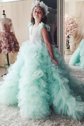 Princess Tiered Ruffles Tulle Girls Pageant Dresses | Bowknot Green Ball Gown Flower Girls Dresses