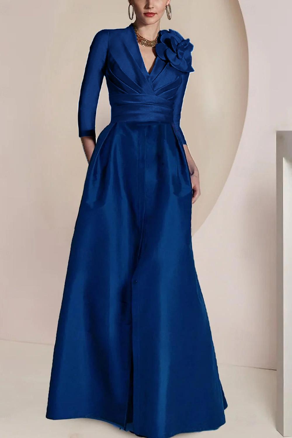 V Neck Long Mother of the Bride Dress with 3/4 Sleeves Ruched Detailing Draping and a Split Front