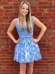 Print A Line Floral Corset Homecoming Dress With Bow
