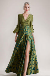 Printed Leaves Mother of the Bride A Line Dress with 3/4 Sleeves Side Split Belt and Ruffles