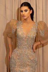 Puff Sleeves Prom Dress Lace Appliques Beaded Evening Formal Dress