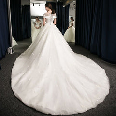 Puffy Lace-Applique Wedding Dresses | Scoop Cap-Sleeves Exquisite Gowns