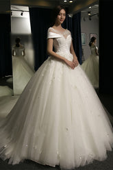 Puffy Lace-Applique Wedding Dresses | Scoop Cap-Sleeves Exquisite Gowns