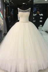 Puffy Tulle Wedding Ball Gowns Beading Pearls Bridal Gown