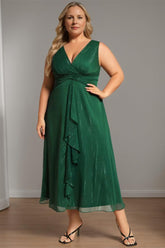 Pure Color Tea Length Mother of the Bride Dress with V Neck and A Line Silhouette