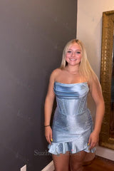 Purple Beaded Homecoming Dresses Strapless Ruffled Short Tight Cocktail Dresses
