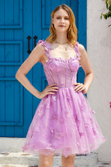 Purple Homecoming Dresses A Line Corset Prom Dress with 3D Butterflies