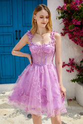Purple Homecoming Dresses A Line Corset Prom Dress with 3D Butterflies