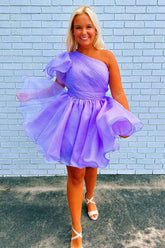 Purple Homecoming Dresses A-Line One Shoulder Organza Prom Dress with Ruffle
