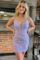 Purple Homecoming Dresses Beaded Lace-Up Back Tight Short Cocktail Dresses