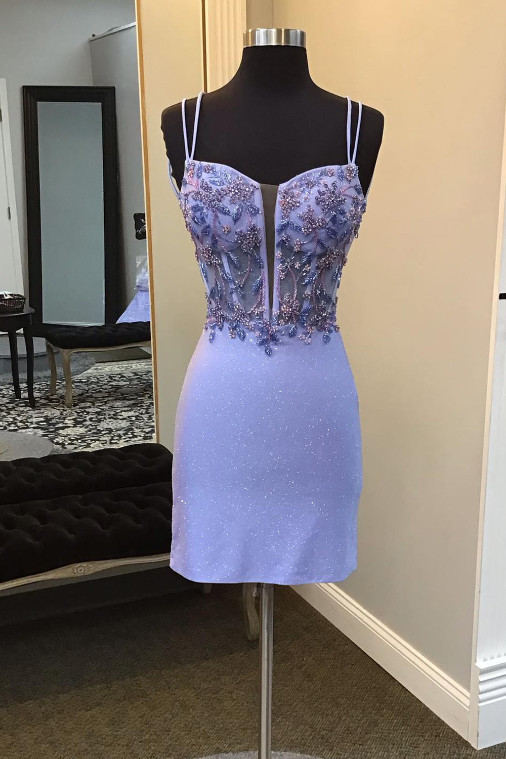 Purple Homecoming Dresses Beaded Spaghetti Straps Corset Tight Short Cocktail Dresses